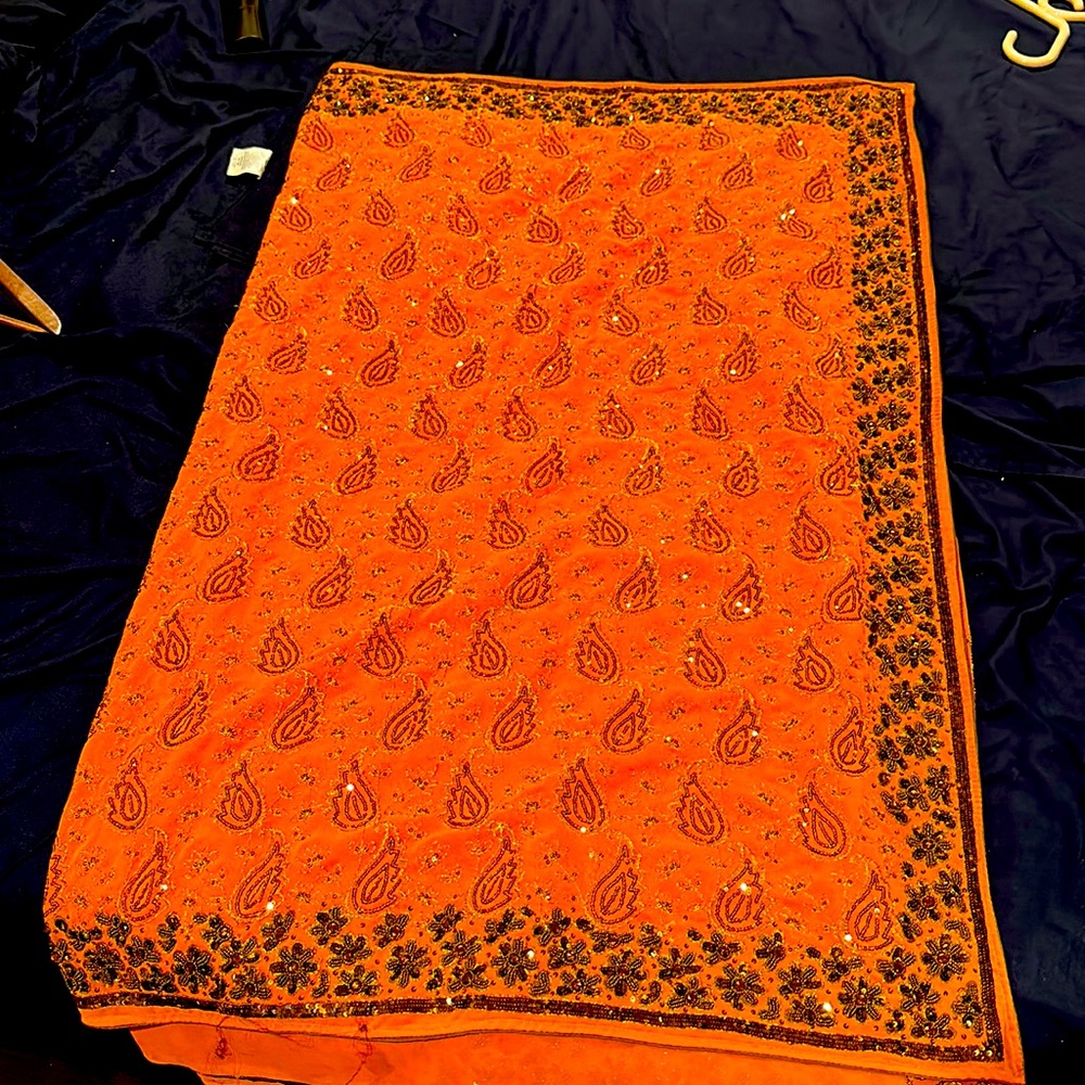 Beautiful Orange Saree With Thread And Bead Work